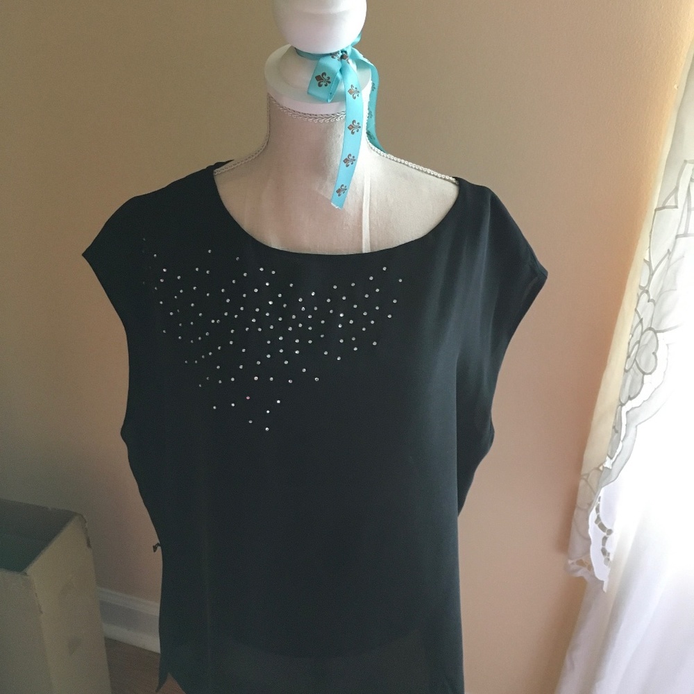 Black poly blouse, with rhinestone embellished top